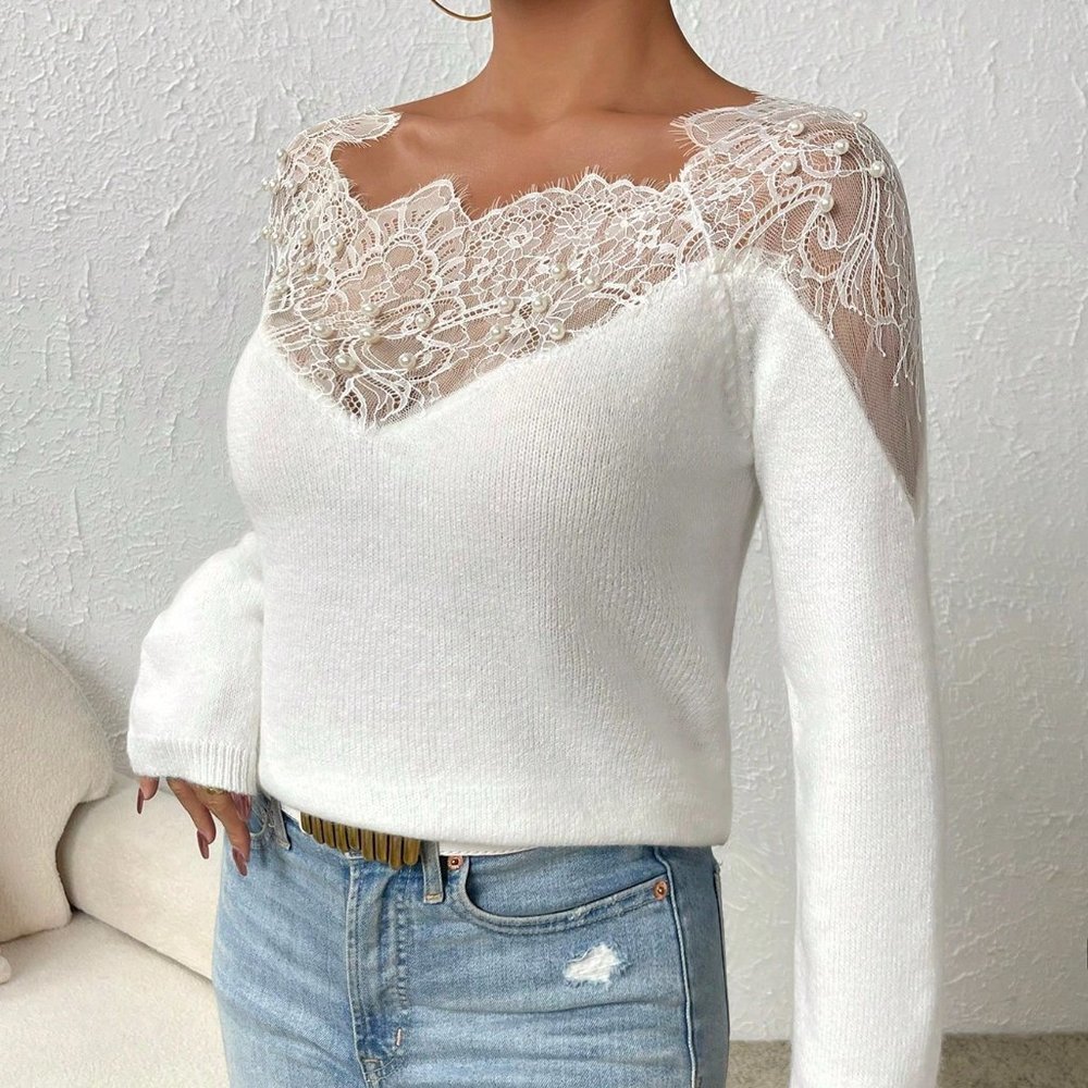 White Casual Womens Eyelash Lace Panel Raglan Sleeve Sweater - Picture 2 of 5